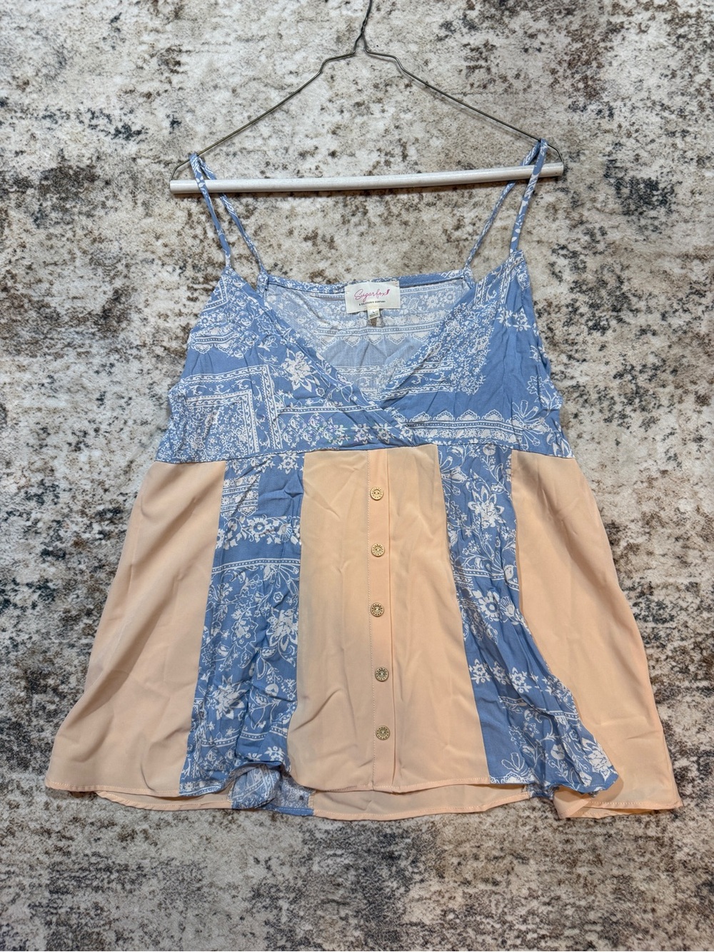 Sugarfox Mixed Blue Floral & Peach Panel faux Button-Front Cami Tank